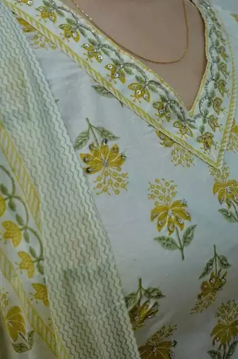 Jaipuri off white mustard  cotton designer afgani party wear 3 piece suit for women