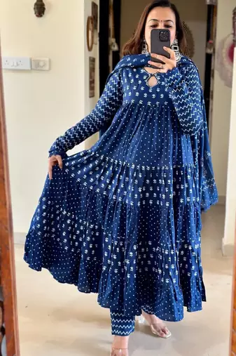 Jaipuri blue  ghera anarkali style pure cotton kurta & pant with dupatta