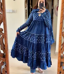 Jaipuri blue  ghera anarkali style pure cotton kurta & pant with dupatta