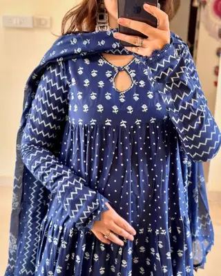 Jaipuri blue  ghera anarkali style pure cotton kurta & pant with dupatta 3