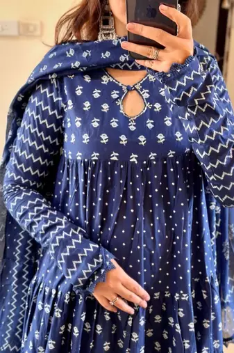 Jaipuri blue  ghera anarkali style pure cotton kurta & pant with dupatta