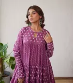 Jaipuri purple  ghera anarkali style pure cotton kurta & pant with dupatta