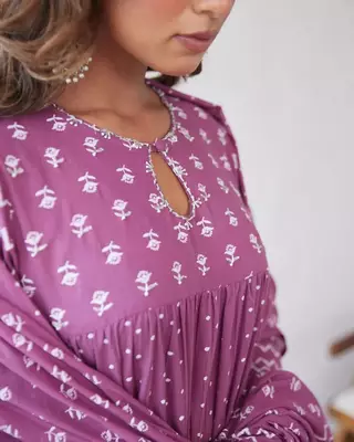 Jaipuri purple  ghera anarkali style pure cotton kurta & pant with dupatta 3