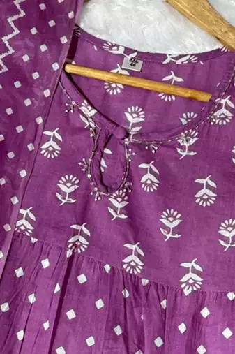 Jaipuri purple  ghera anarkali style pure cotton kurta & pant with dupatta