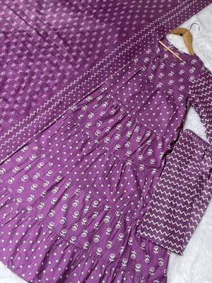 Jaipuri purple  ghera anarkali style pure cotton kurta & pant with dupatta 5