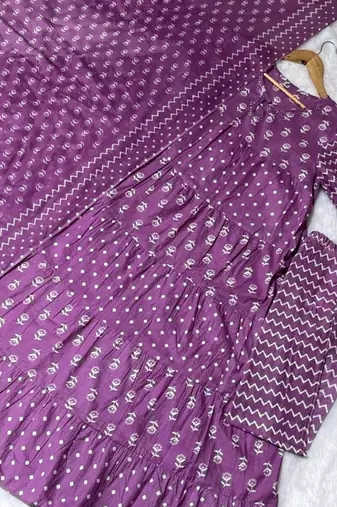 Jaipuri purple  ghera anarkali style pure cotton kurta & pant with dupatta