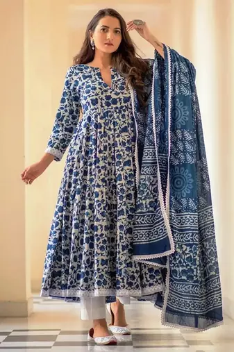 Jaipuri indigo color cotton flaired kurta & pant with dupatta