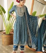 Jaipuri blue embroideblue printed indian pakistani naira cut salwar kameez kurti pant dupatta set