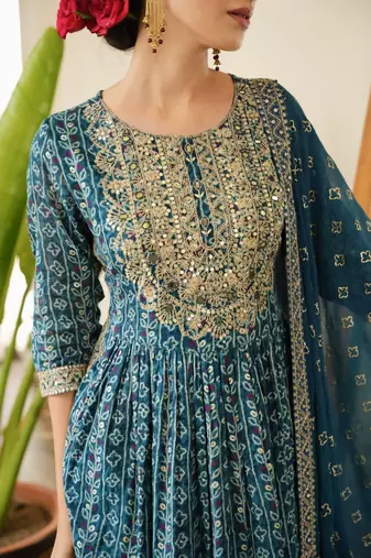 Jaipuri blue embroideblue printed indian pakistani naira cut salwar kameez kurti pant dupatta set