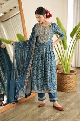 Jaipuri blue embroideblue printed indian pakistani naira cut salwar kameez kurti pant dupatta set 4