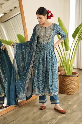 Jaipuri blue embroideblue printed indian pakistani naira cut salwar kameez kurti pant dupatta set