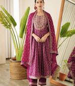 Jaipuri purple embroidepurple printed indian pakistani naira cut salwar kameez kurti pant dupatta set