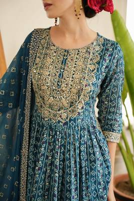 Jaipuri blue embroideblue printed indian pakistani naira cut salwar kameez kurti pant dupatta set 5