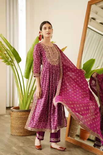 Jaipuri purple embroidepurple printed indian pakistani naira cut salwar kameez kurti pant dupatta set