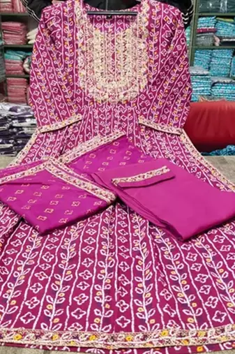 Jaipuri purple embroidepurple printed indian pakistani naira cut salwar kameez kurti pant dupatta set