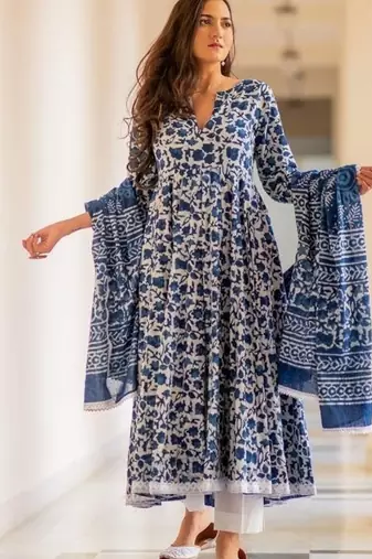Jaipuri indigo color cotton flaired kurta & pant with dupatta