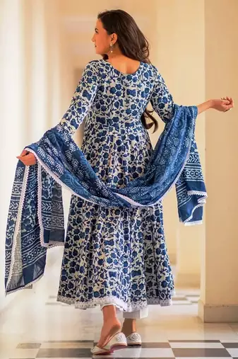 Jaipuri indigo color cotton flaired kurta & pant with dupatta