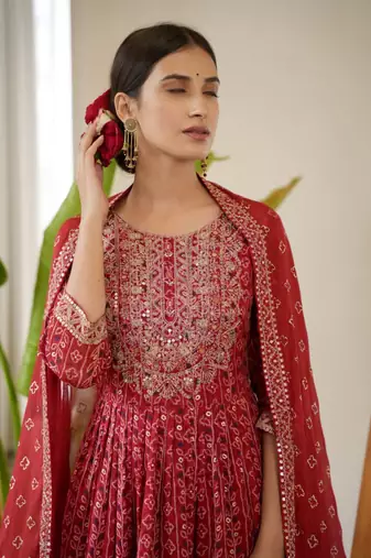 Jaipuri red embroidered printed indian pakistani naira cut salwar kameez kurti pant dupatta set