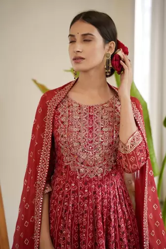 Jaipuri red embroidered printed indian pakistani naira cut salwar kameez kurti pant dupatta set