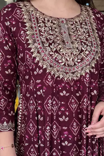 Jaipuri mahroon embroidemahroon naira cut indian pakistani salwar kameez kurti pant dupatta set