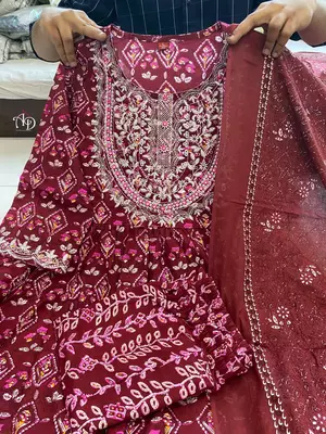 Jaipuri mahroon embroidemahroon naira cut indian pakistani salwar kameez kurti pant dupatta set 4