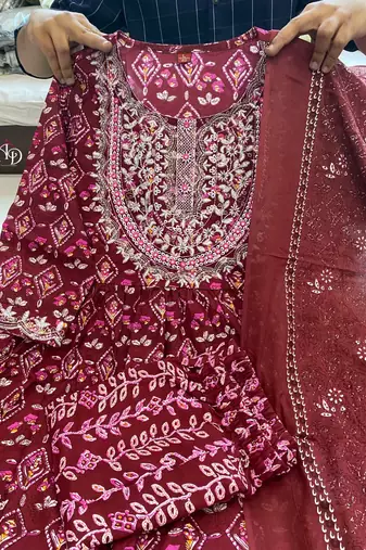 Jaipuri mahroon embroidemahroon naira cut indian pakistani salwar kameez kurti pant dupatta set