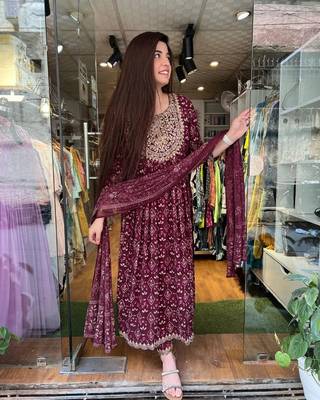 Jaipuri mahroon embroidemahroon naira cut indian pakistani salwar kameez kurti pant dupatta set 5