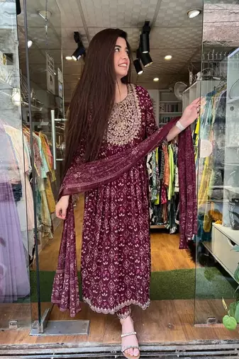 Jaipuri mahroon embroidemahroon naira cut indian pakistani salwar kameez kurti pant dupatta set