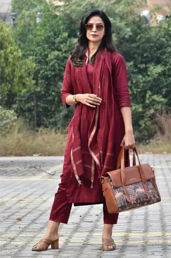 Jaipuri maroon color indian solid straight salwar kameez kurti pant set for women