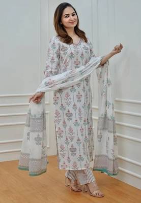 Jaipuri off white multicolor cotton designer afgani party wear 3 piece suit for women 4