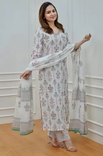 Jaipuri off white multicolor cotton designer afgani party wear 3 piece suit for women