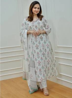 Jaipuri off white multicolor cotton designer afgani party wear 3 piece suit for women 5