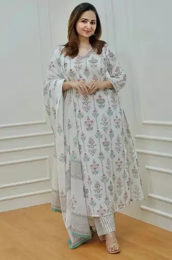 Jaipuri off white multicolor cotton designer afgani party wear 3 piece suit for women
