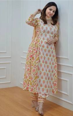Jaipuri off white orange cotton designer afgani party wear 3 piece suit for women 4