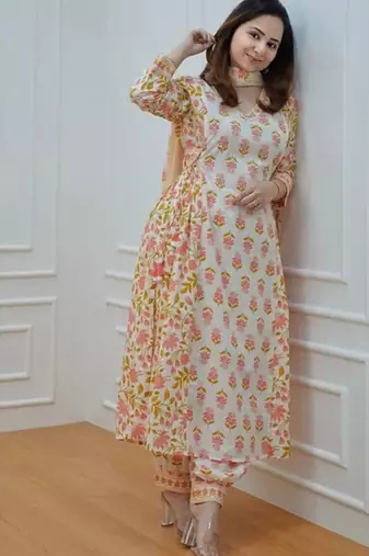 Jaipuri off white orange cotton designer afgani party wear 3 piece suit for women