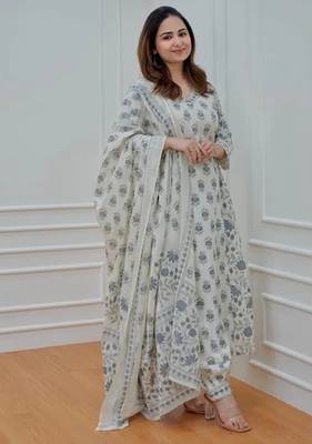 Jaipuri off white grey cotton designer afgani party wear 3 piece suit for women 2