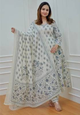 Jaipuri off white grey cotton designer afgani party wear 3 piece suit for women 3