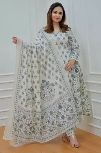 Jaipuri off white grey cotton designer afgani party wear 3 piece suit for women