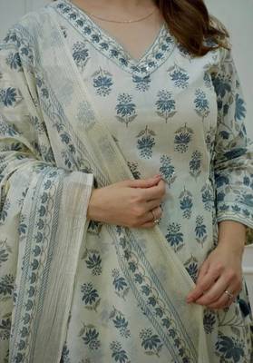 Jaipuri off white grey cotton designer afgani party wear 3 piece suit for women 4