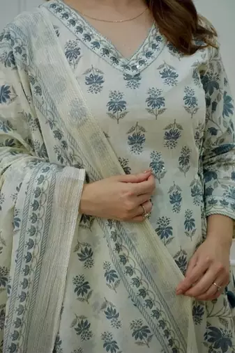 Jaipuri off white grey cotton designer afgani party wear 3 piece suit for women
