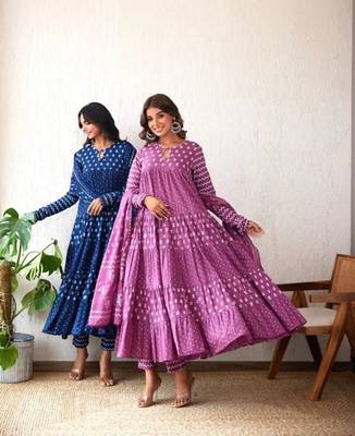 Jaipuri blue  ghera anarkali style pure cotton kurta & pant with dupatta 4
