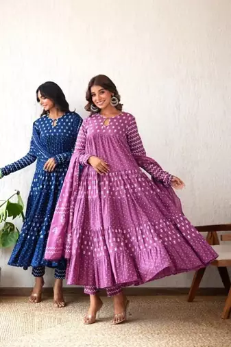 Jaipuri blue  ghera anarkali style pure cotton kurta & pant with dupatta
