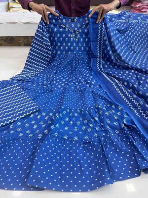 Jaipuri blue  ghera anarkali style pure cotton kurta & pant with dupatta 5