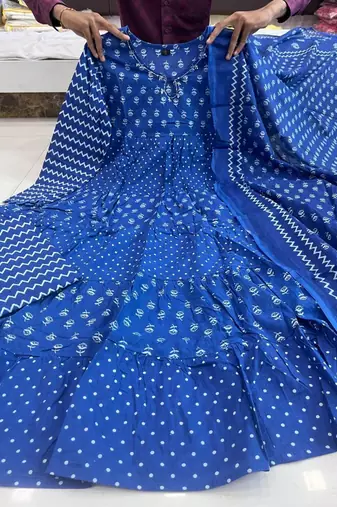 Jaipuri blue  ghera anarkali style pure cotton kurta & pant with dupatta