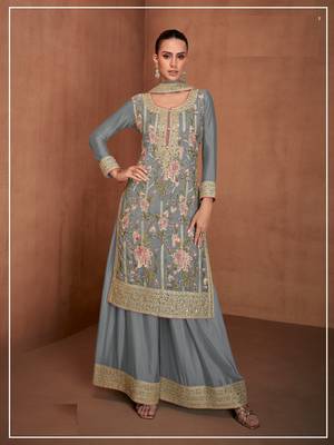 Light blue chinon heavy embroidery semi stitched wedding palazzo suits 1