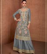 Light blue chinon heavy embroidery semi stitched wedding palazzo suits
