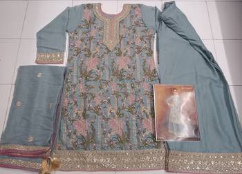 Light blue chinon heavy embroidery semi stitched wedding palazzo suits 2