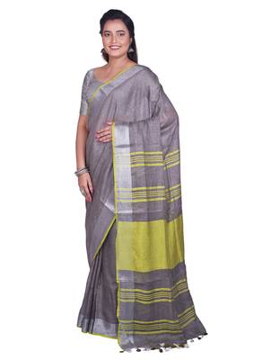 Handmade bhagalpuri linen saree with contrast border in dark grey shade with blouse piece 2