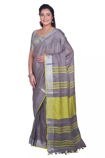 Handmade bhagalpuri linen saree with contrast border in dark grey shade with blouse piece