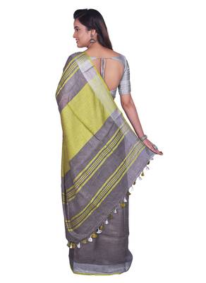 Handmade bhagalpuri linen saree with contrast border in dark grey shade with blouse piece 3
